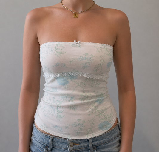 Floral Tube Top with Lace and Ribbon