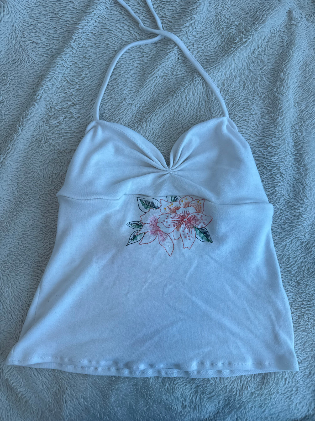 White Halter Top with Floral Embroidery