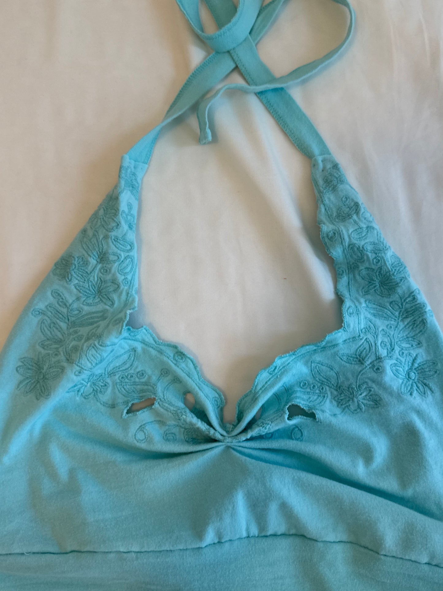 Teal Halter Top with Floral Embroidery