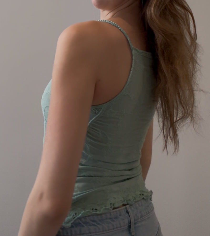 Green Cami Top with Embroidery
