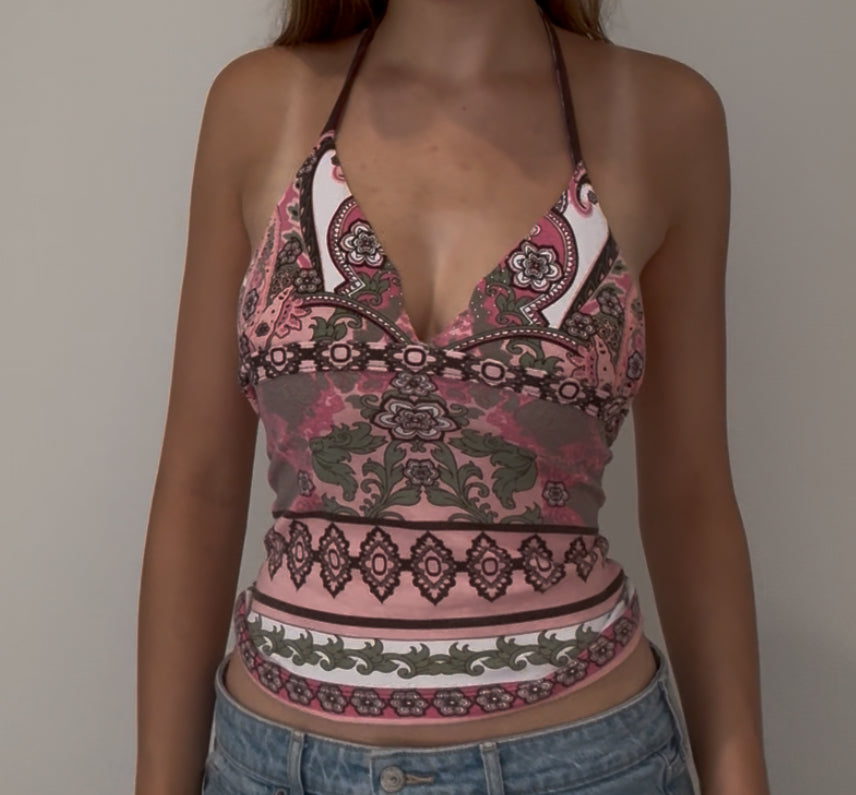 Y2K Halter Top with Pink Multicolor Fabric