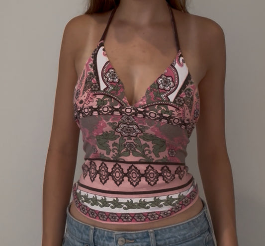 Y2K Halter Top with Pink Multicolor Fabric