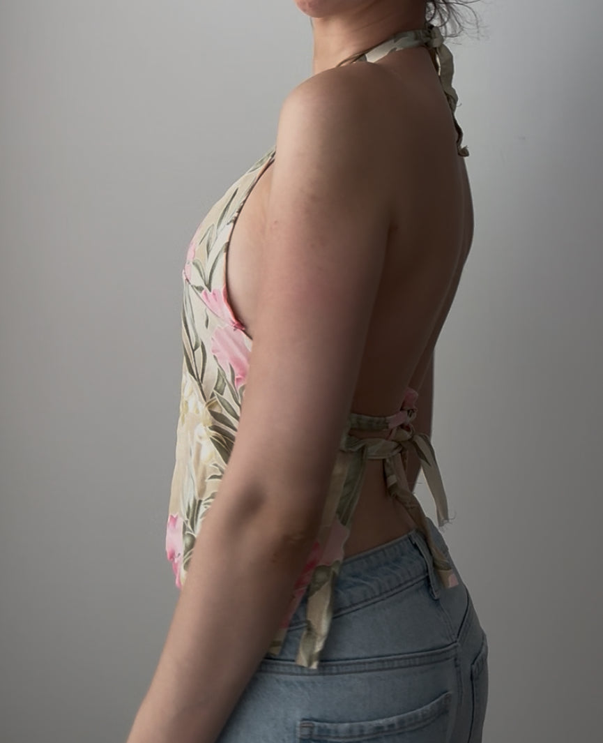Beige Floral Halter Top with Adjustable Straps