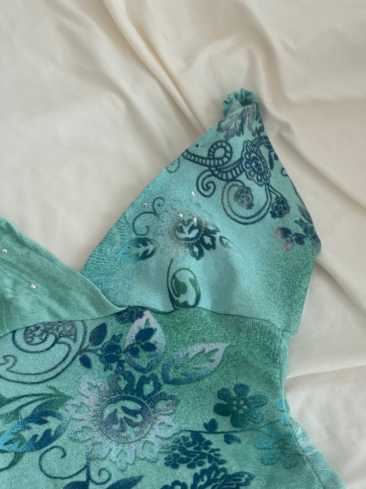 Green Top with Unique Design, Sequins, and Ruffled Straps