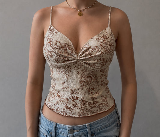 Beige Top with Brown Design and Ruching