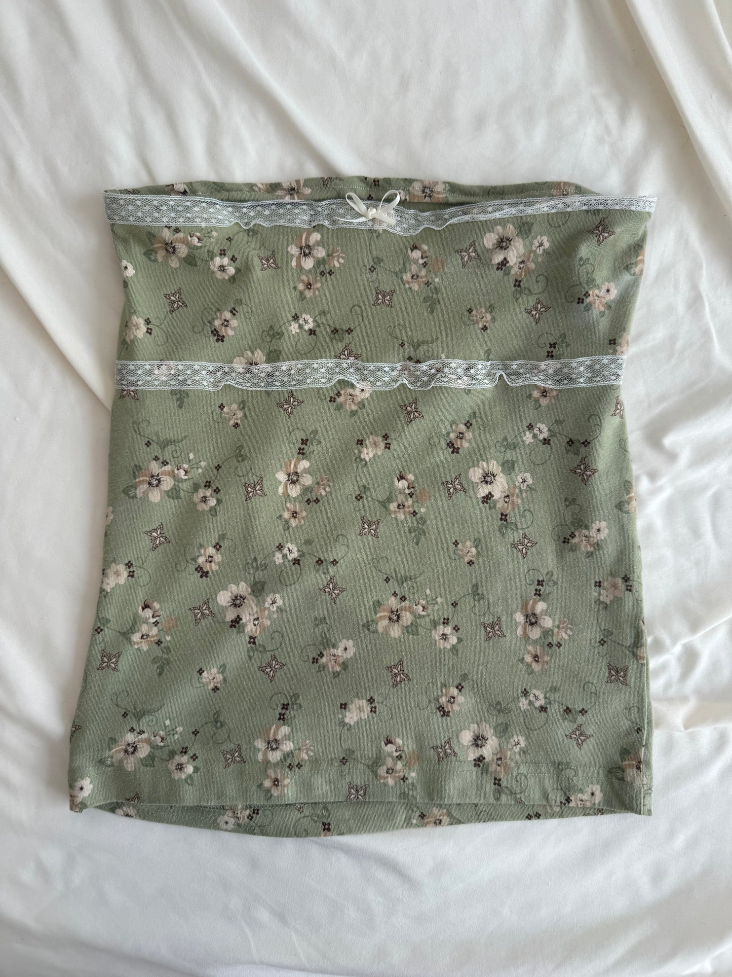 Green Floral Tube Top with Lace and Bow