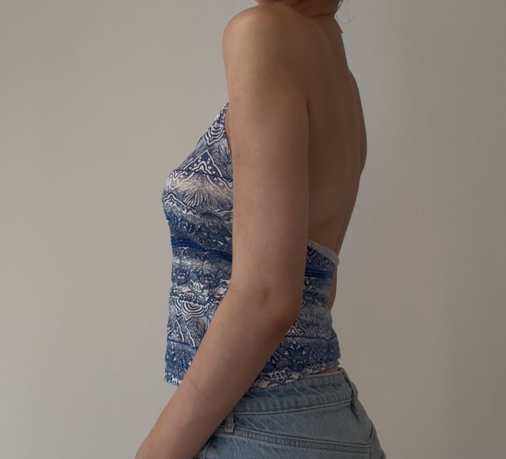 Blue and White Floral Design Halter Top