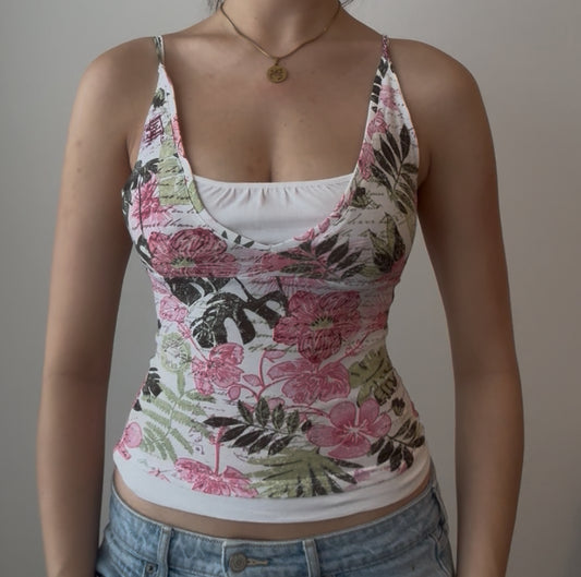 Gorgeous White Top with Pink and Green Print, White Accents