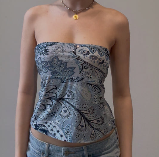 Blue Tube Top with Sequins and Tie Back