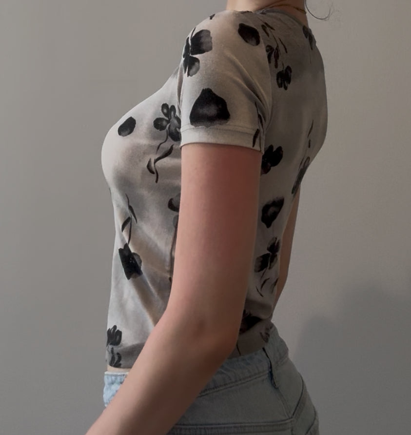 Grey Fitted Top with Black Flowers