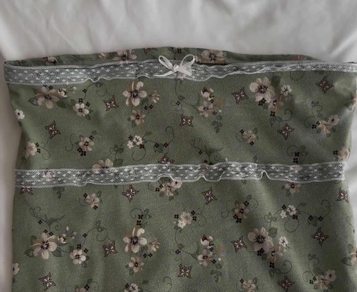 Green Floral Tube Top with Lace and Bow