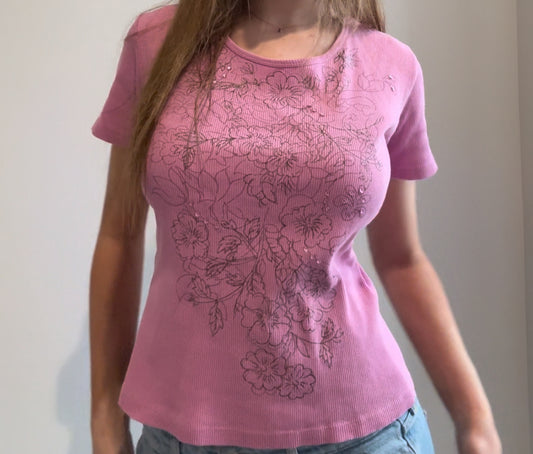 Pink Floral Graphic Top with Pink Sequins