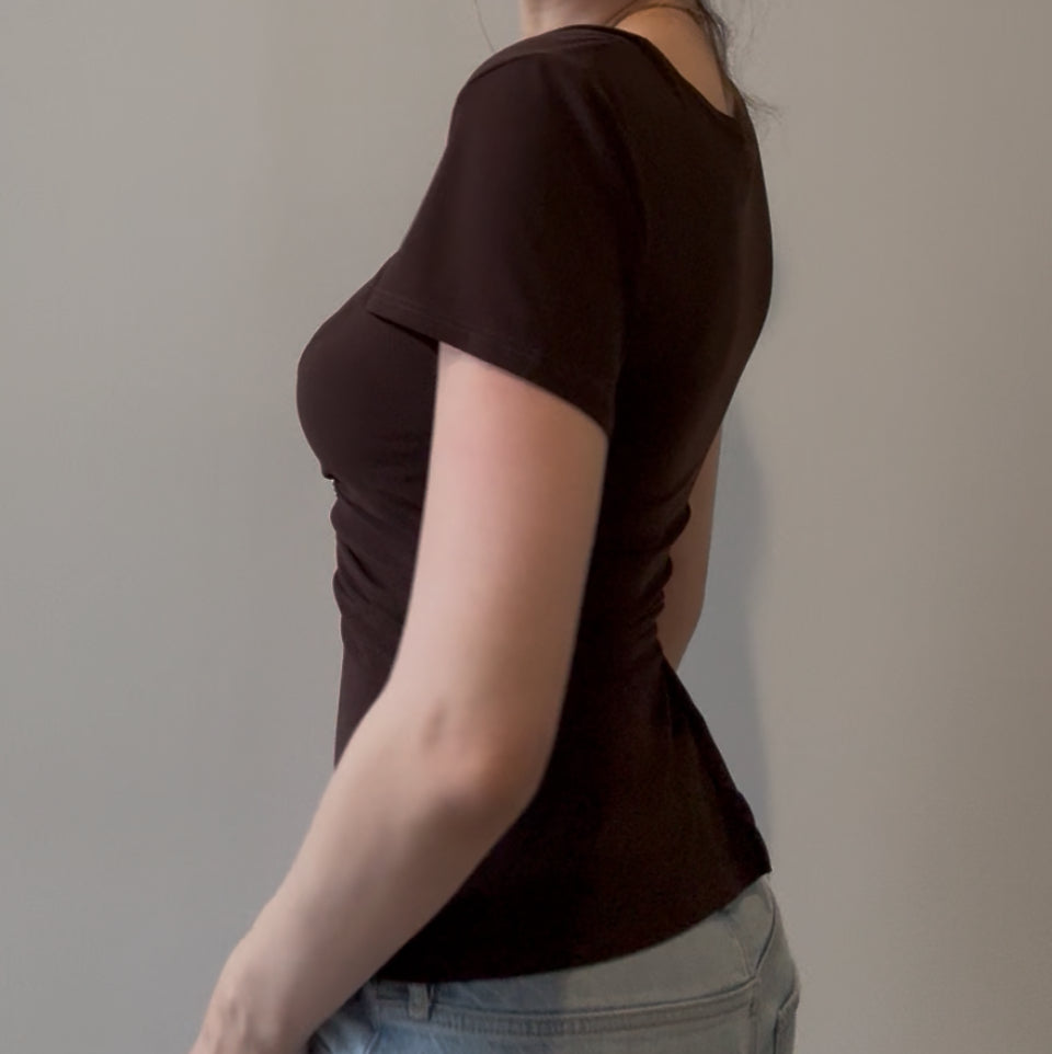 Y2K Brown Top with Silver Ring Accent and Slit