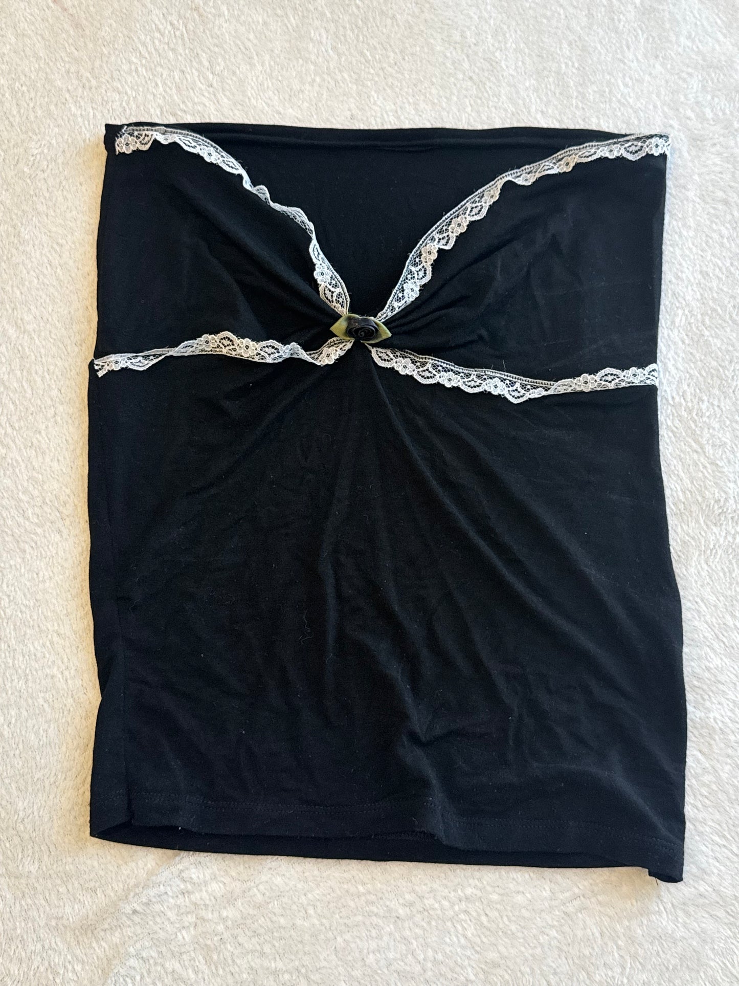 Black Tube Top with White Lace and Black Rose