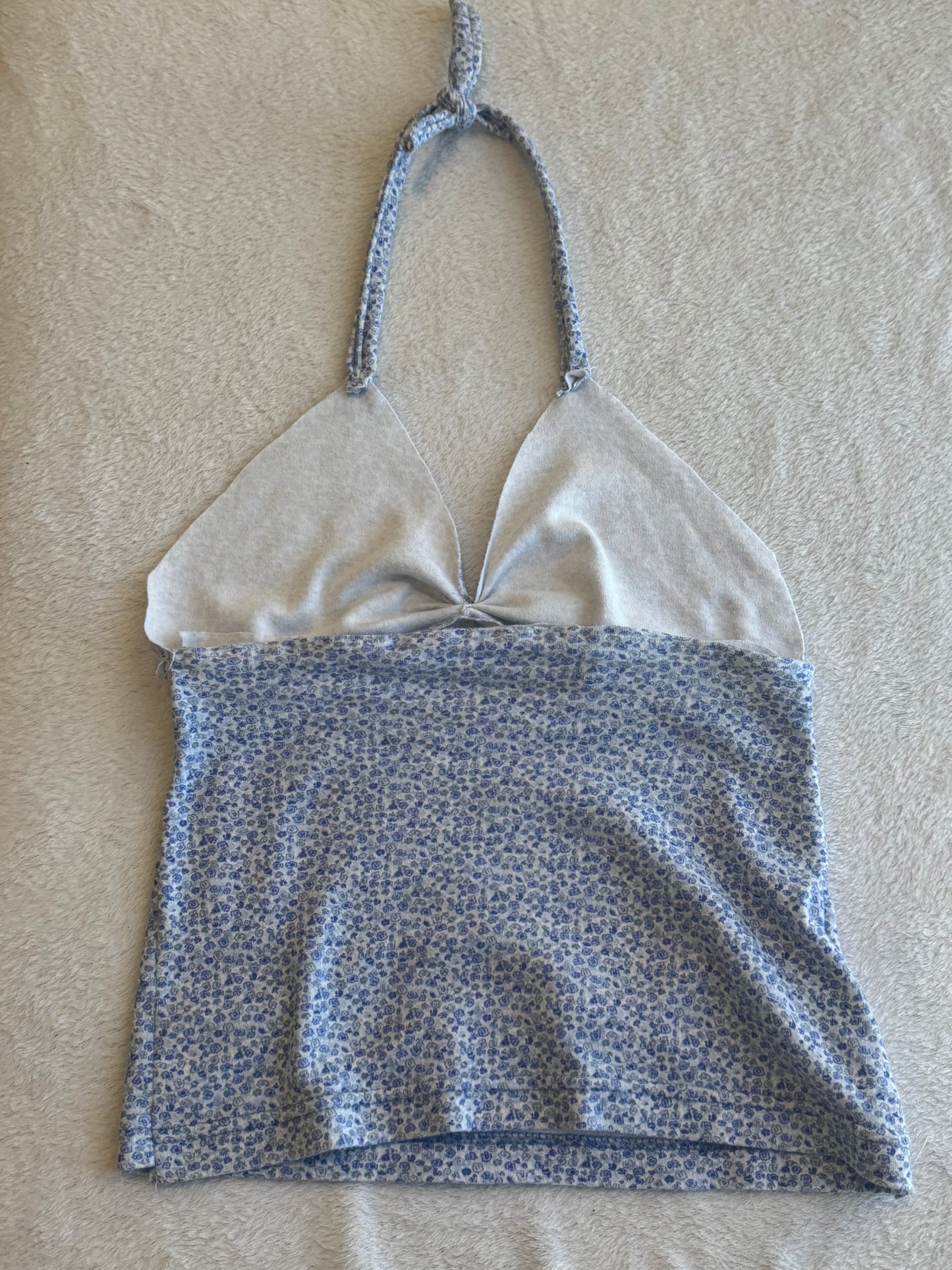 Blue and White Floral Halter Top with Lace