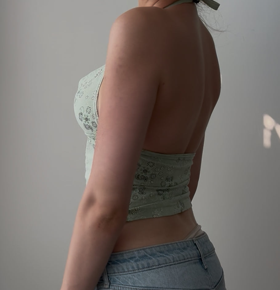 Green Floral Halter with Rose Detail