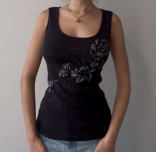 Fitted Black Tank Top with White Floral Design