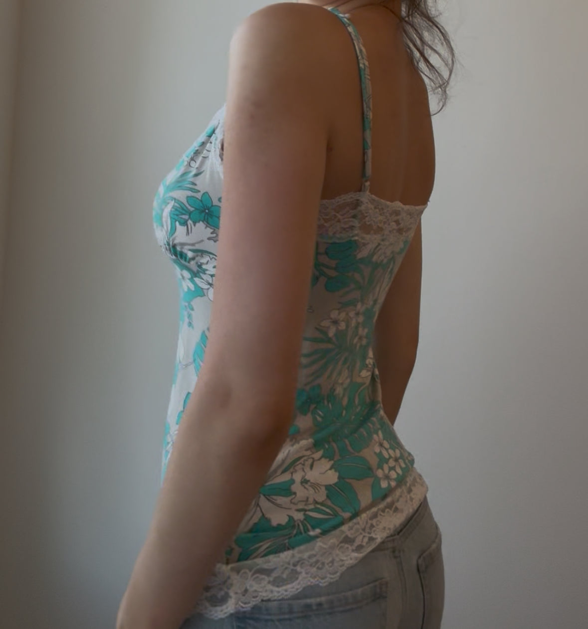 Y2K Teal and Blue Floral Cami with Lace