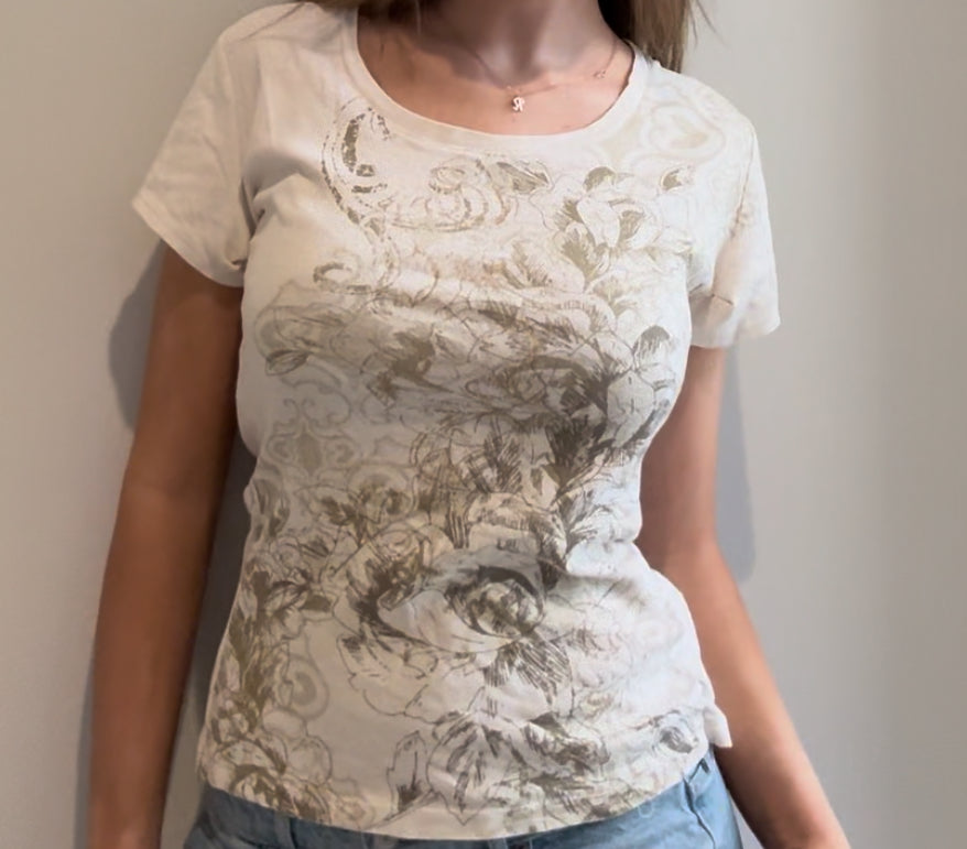 Beige Baby Tee with Floral Graphic