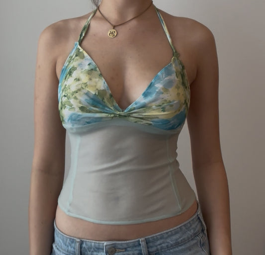 Green and Blue Floral Halter Top