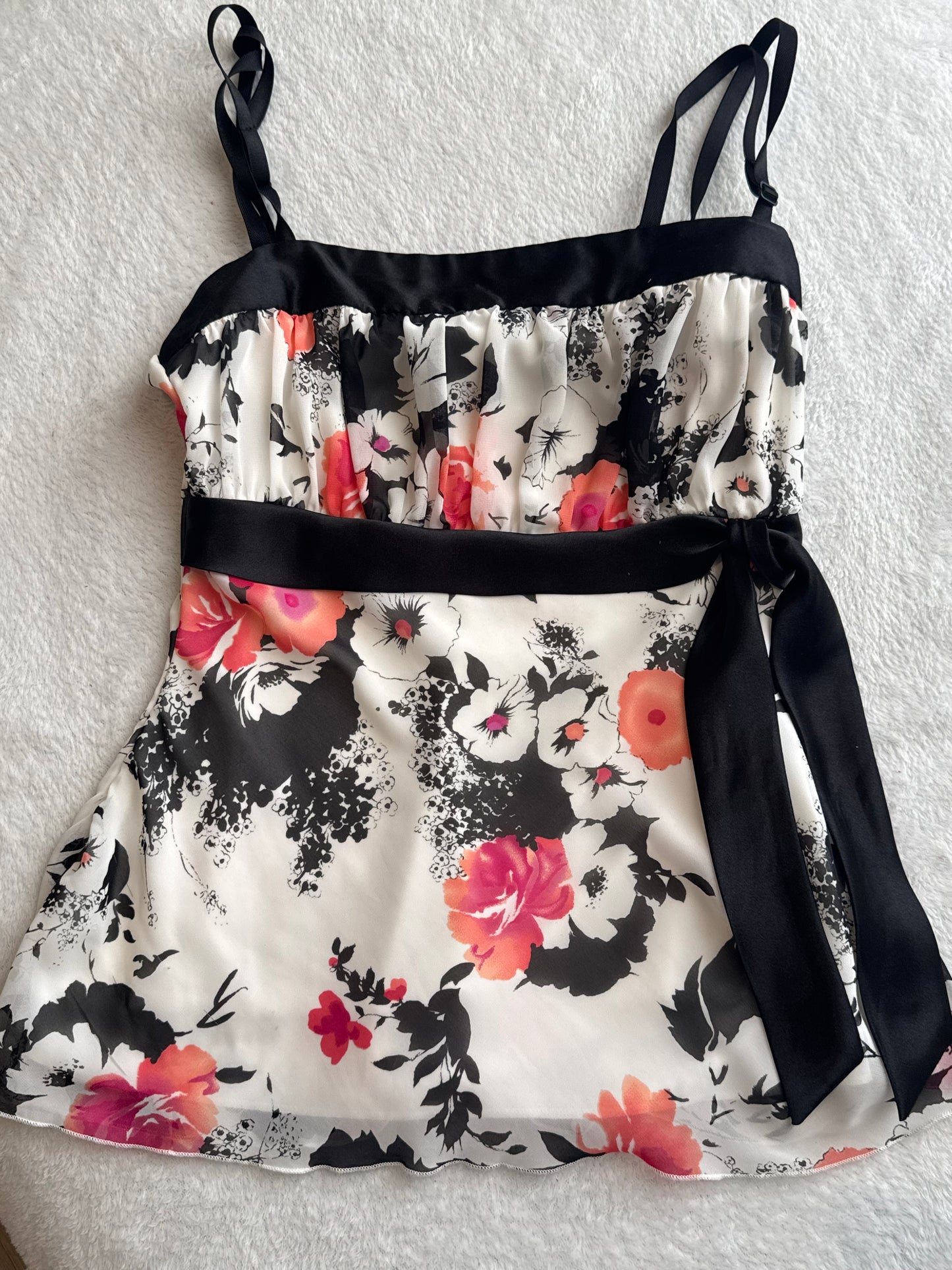 Y2K Floral Top with Black Ribbon