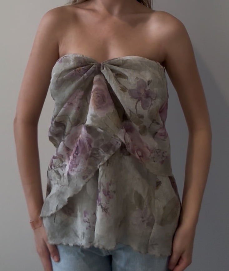 Flowy Top with Green and Purple Floral Design