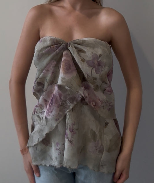 Flowy Top with Green and Purple Floral Design